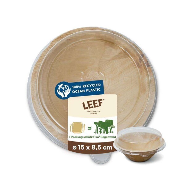 LEEF-Take-away-Box, rund, Ø15x8.25cm mit Deckel aus 100% recyceltem Ozean Plastik Packung